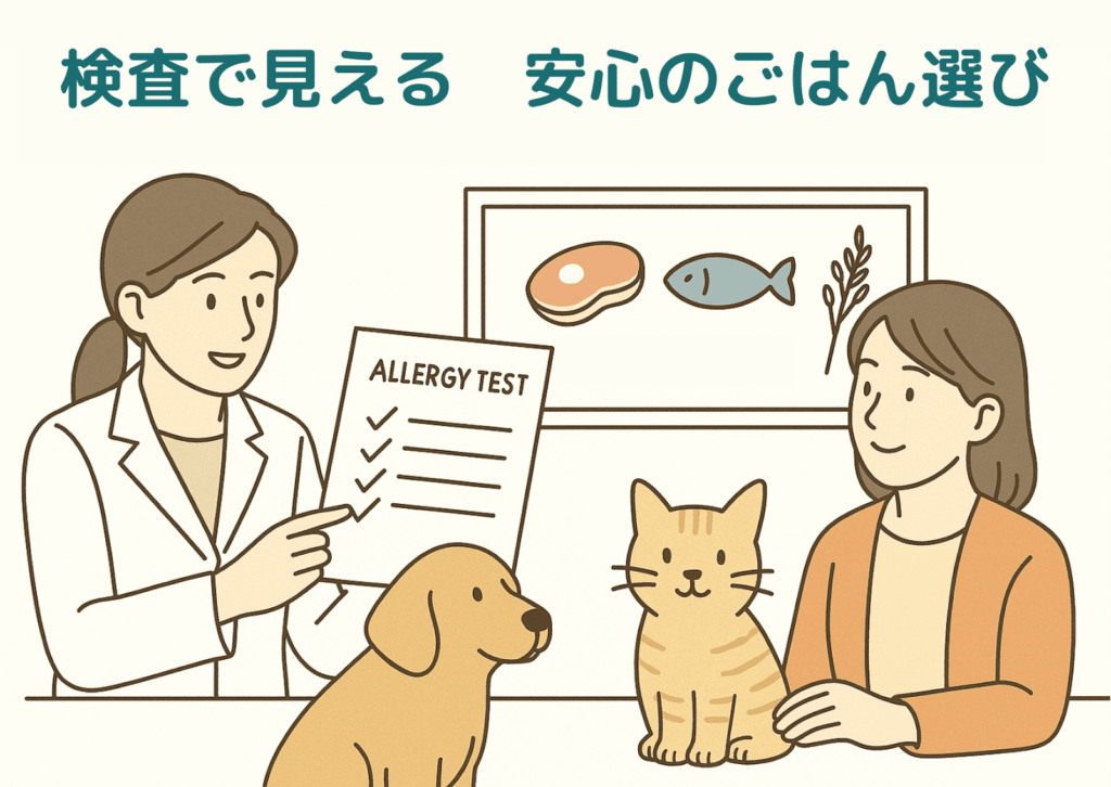 犬と猫の食物アレルギー検査の相談風景。獣医師がアレルギーテストの結果を飼い主に説明し、犬と猫がそばにいる。