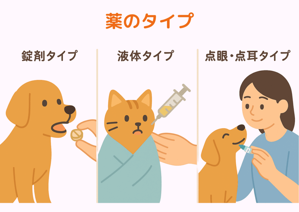 犬や猫に使われる薬のタイプを紹介するイラスト。錠剤を飲ませる犬、液体薬を与えられる猫、点眼薬をさす犬の3種類の薬の投与方法を説明している。