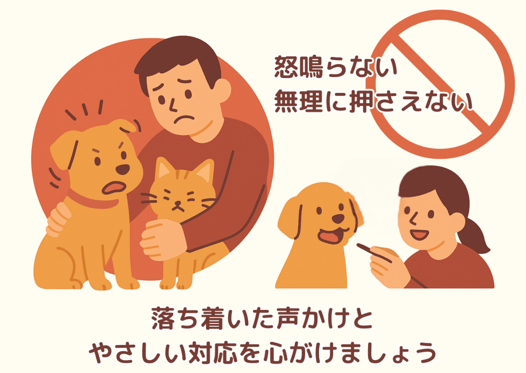 犬や猫に薬を与えるときは、怒鳴らず無理に押さえつけないようにし、落ち着いた声かけと優しい対応を心がけることを伝えるイラスト