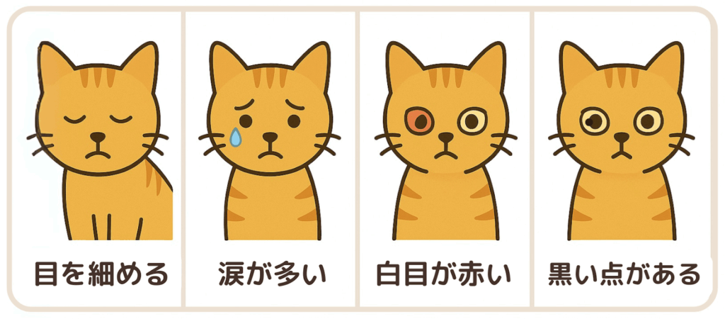 猫の目に見られる異常のイラスト。左から順に『目を細める』『涙が多い』『白目が赤い』『黒い点がある』といった角膜潰瘍のサインが描かれている。