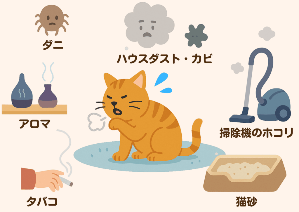 咳をしている猫と、猫喘息の原因となる環境要因を示すイラスト。ダニ、ハウスダスト・カビ、掃除機のホコリ、猫砂、アロマ、タバコの煙が描かれている。