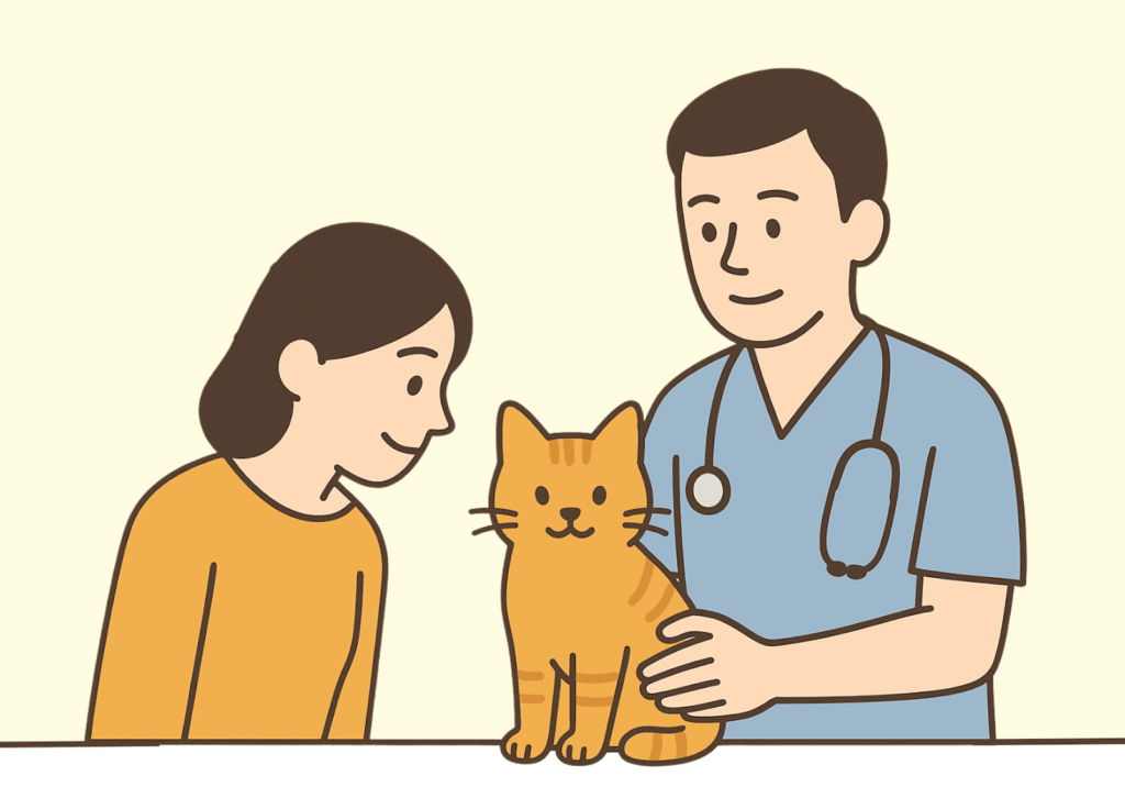 猫を見守る飼い主と獣医師のイラスト
