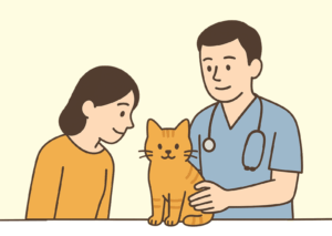 猫を見守る飼い主と獣医師のイラスト