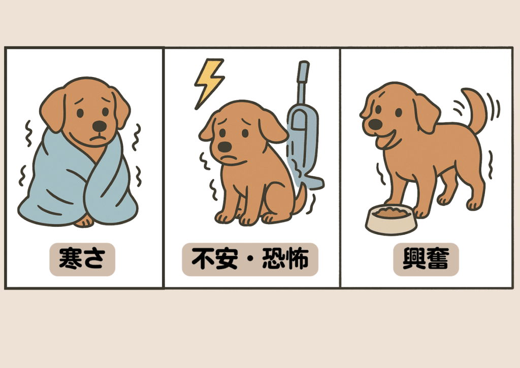 犬の震えの原因を示すイラスト。左から、寒さで震える犬、掃除機に驚いて不安そうに震える犬、ごはんを前にして興奮して震える犬が描かれている。