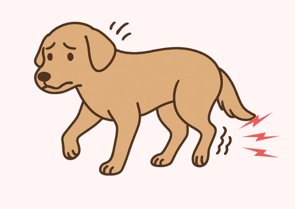 後ろ足に違和感がありそうに歩く犬のイラスト。足を引きずり、痛そうな表情をしている