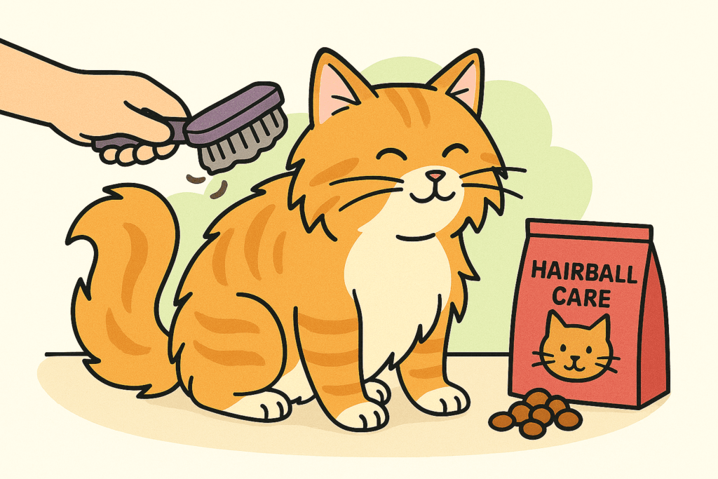 猫の毛玉・毛球症の予防イメージ図：食事療法や毛の長い猫は特にブラッシングが重要