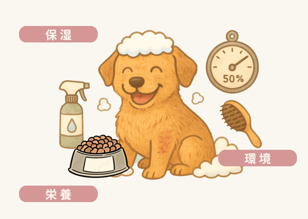 犬の肌トラブル対策のキーワードは「保湿」「環境」「栄養」:湿度計は50%を指し、シャンプーや保湿スプレー、栄養のあるドッグフードに囲まれた笑顔の犬のイラスト