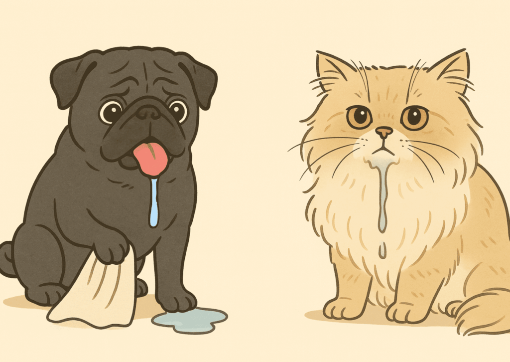 【注意が必要なよだれの量・状態の図解】左：（犬）床に垂れるほどのよだれの量、タオルで拭いても追いつかない／右：（猫）胸元の毛までよだれが垂れて濡れてしまっている