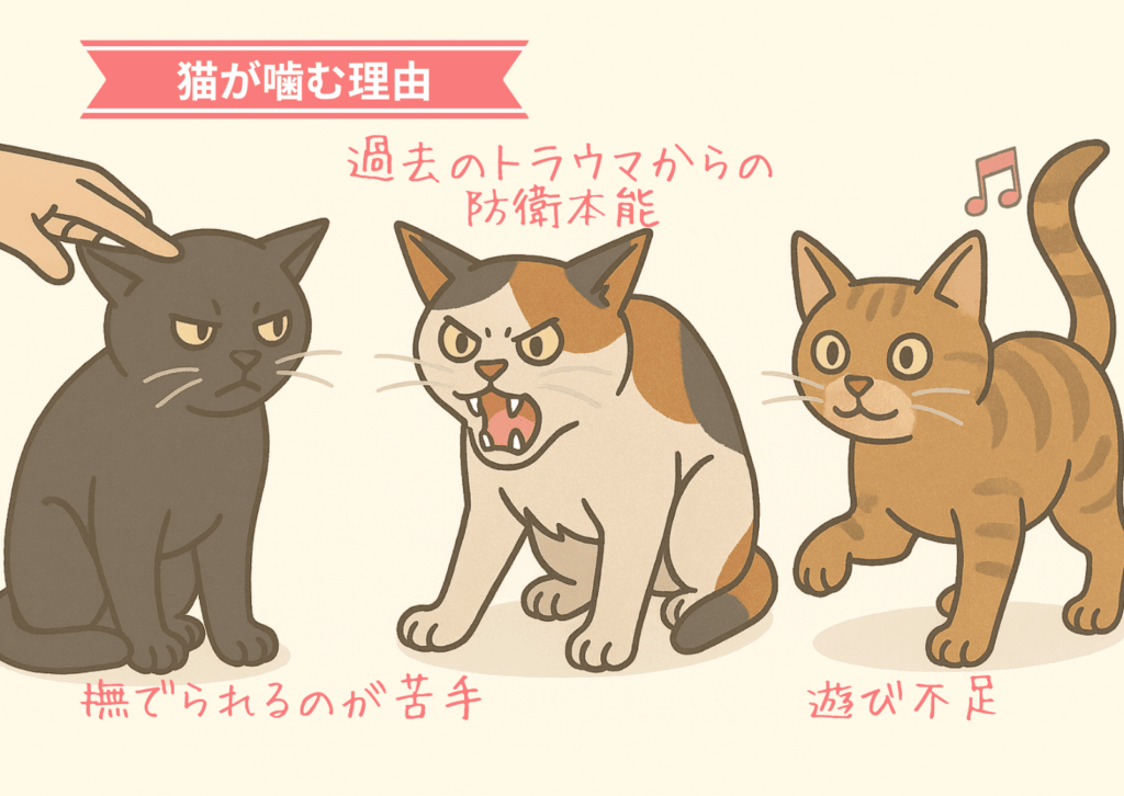 図解「猫が噛む理由」例：撫でられるのが苦手／過去のトラウマからの防衛本能から威嚇している／遊び不足