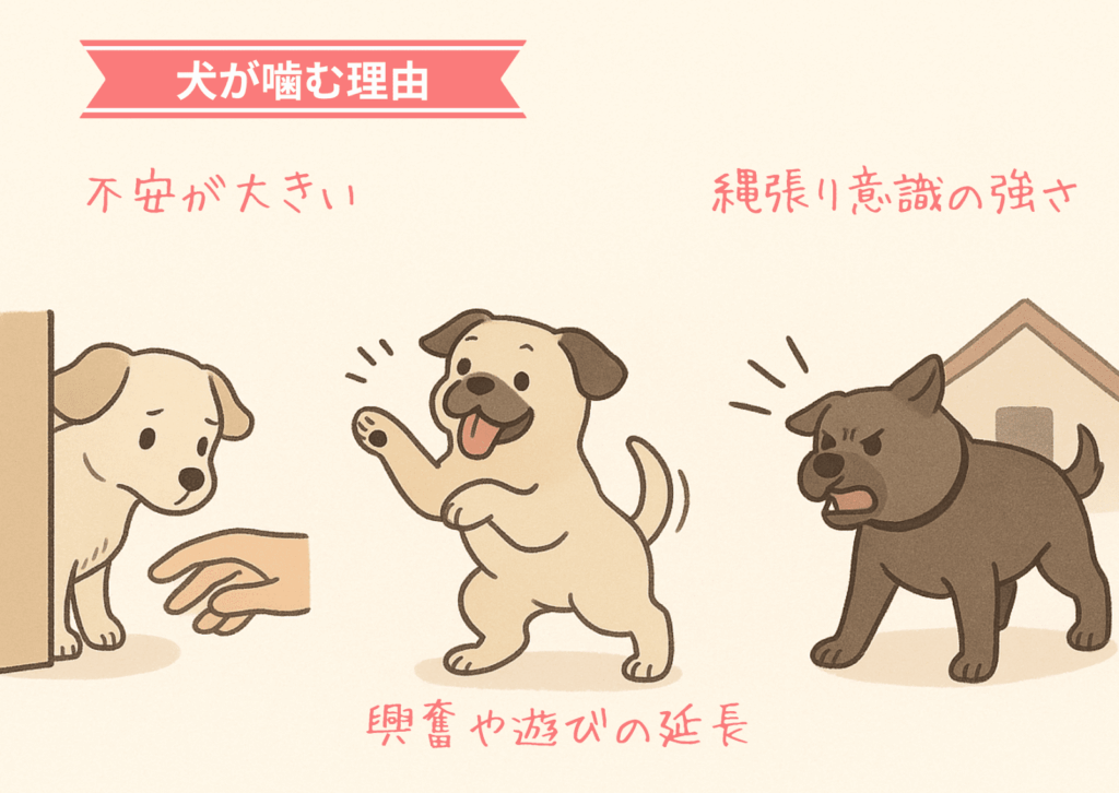 図解「犬が噛む理由」例：不安が大きい／興奮や遊びの延長と思って楽しんでいる／縄張り意識の強さ